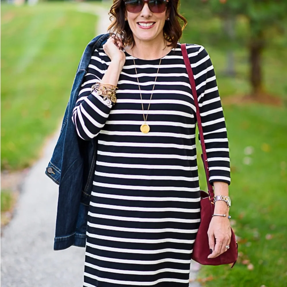 J. Crew Classic Navy and White Striped Long Sleeve Nautical Preppy Dress Sz XS